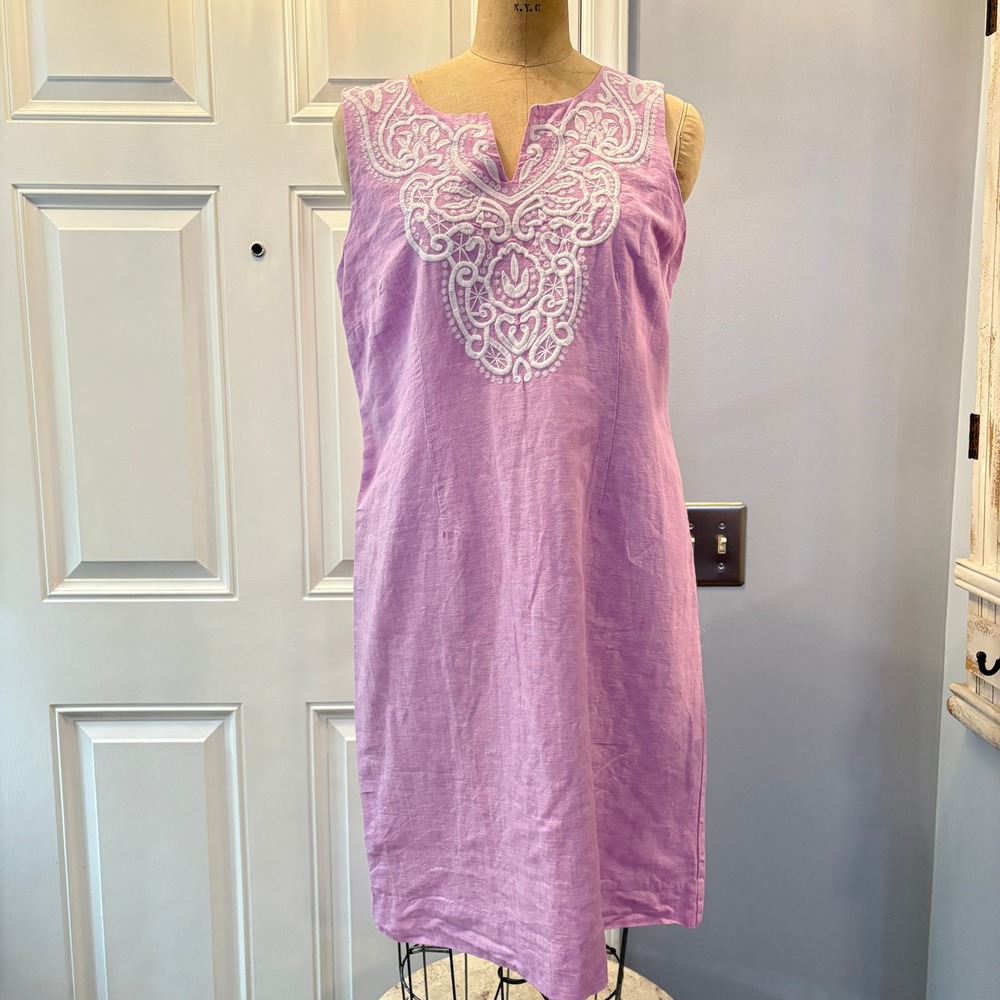 Talbots Lavender Linen Cotton Embroidered V-Neck Shift Dress Purple 8 Coastal